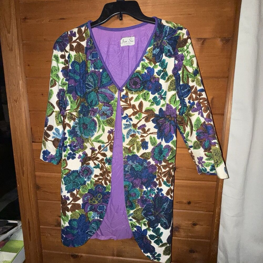 Vintage 1960s Jan Sue of California Floral Swing Coat Blue Purple Green Brown